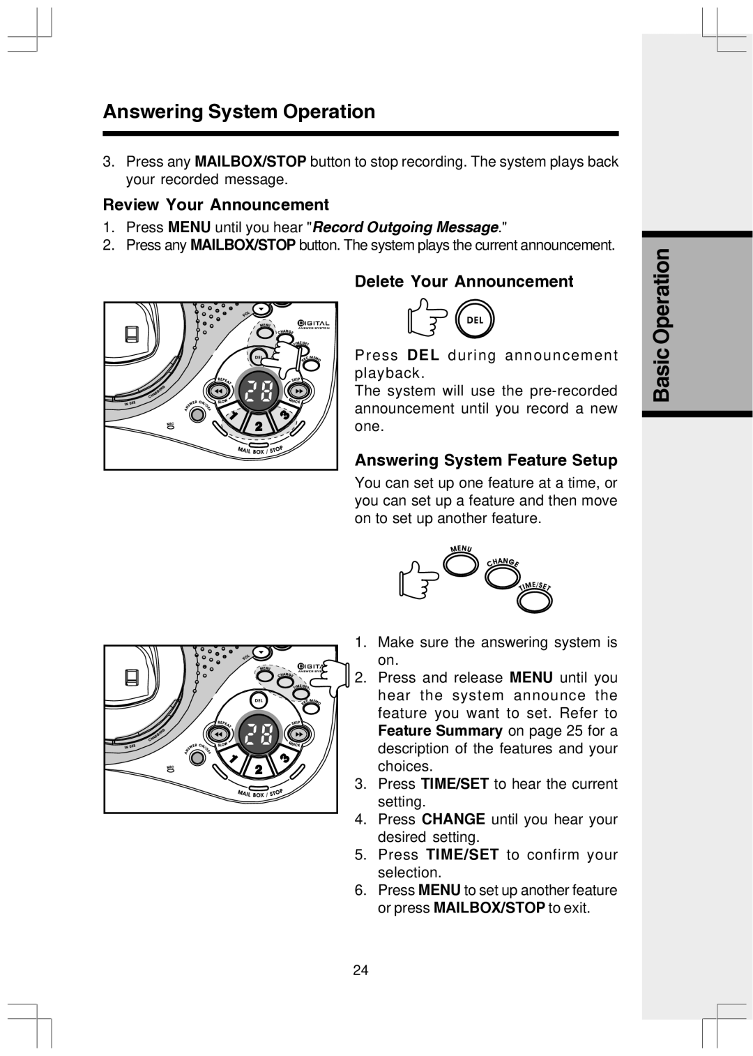 VTech VT2650 user manual Review Your Announcement, Delete Your Announcement, Answering System Feature Setup 