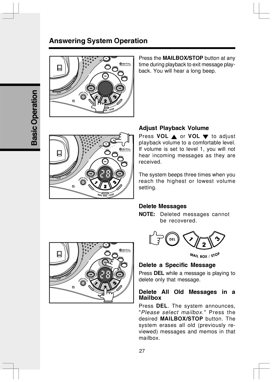 VTech VT2650 Adjust Playback Volume, Delete Messages Delete a Specific Message, Delete All Old Messages in a Mailbox 