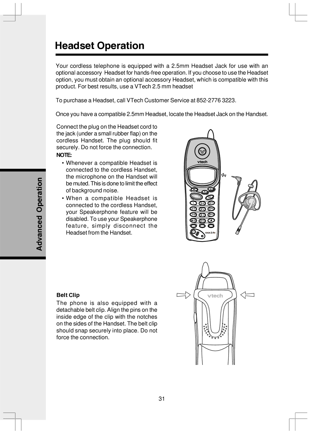 VTech VT2650 user manual Headset Operation, Belt Clip 