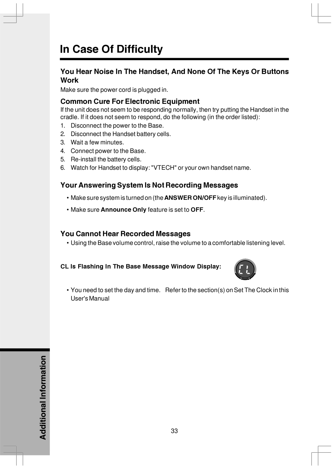 VTech VT2650 user manual Common Cure For Electronic Equipment, Your Answering System Is Not Recording Messages 