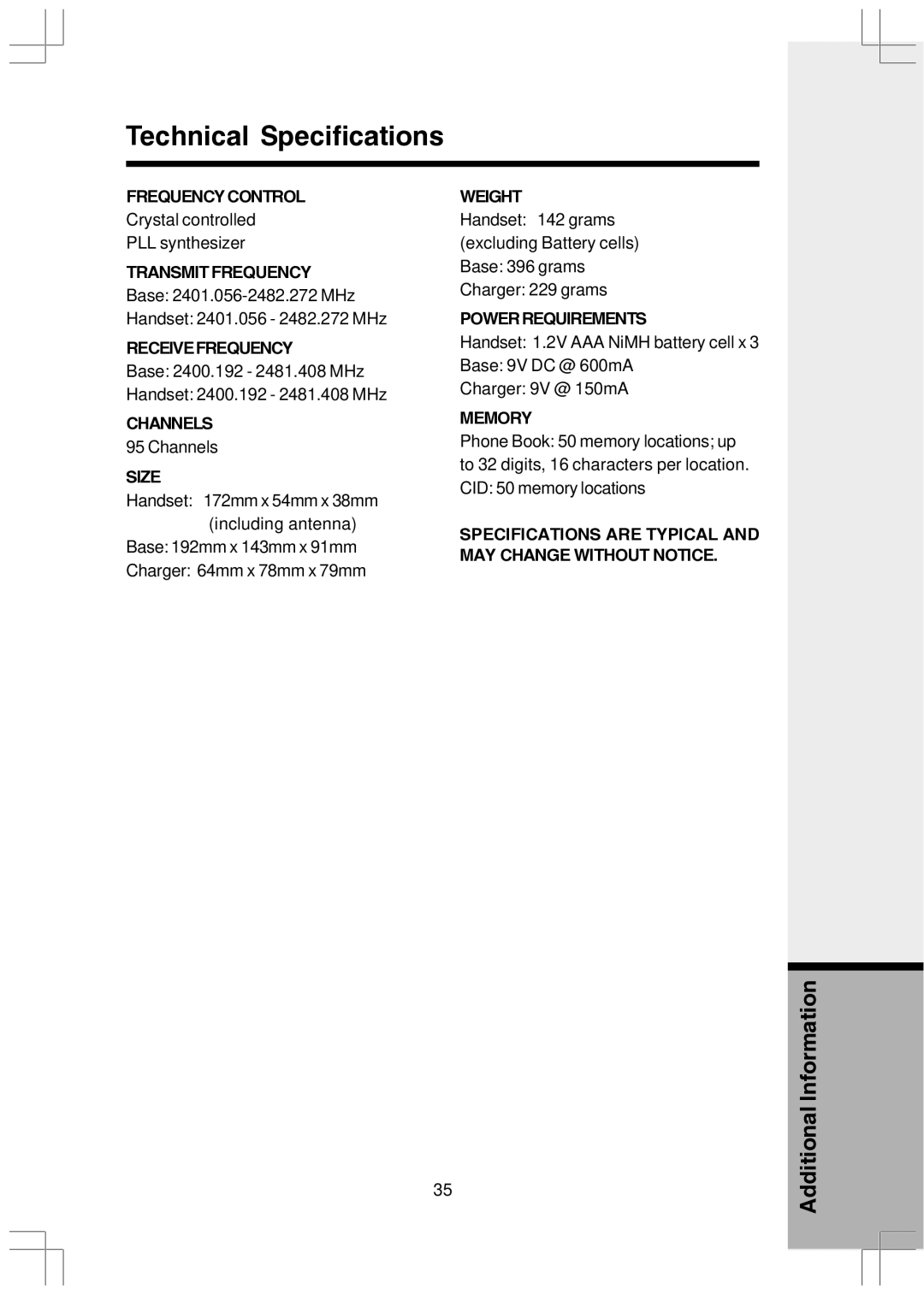 VTech VT2650 user manual Technical Specifications 