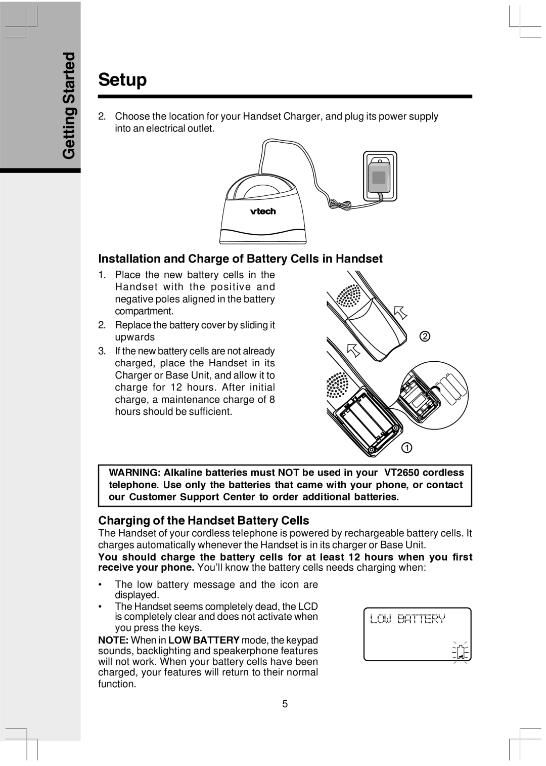 VTech VT2650 user manual Installation and Charge of Battery Cells in Handset, Charging of the Handset Battery Cells 