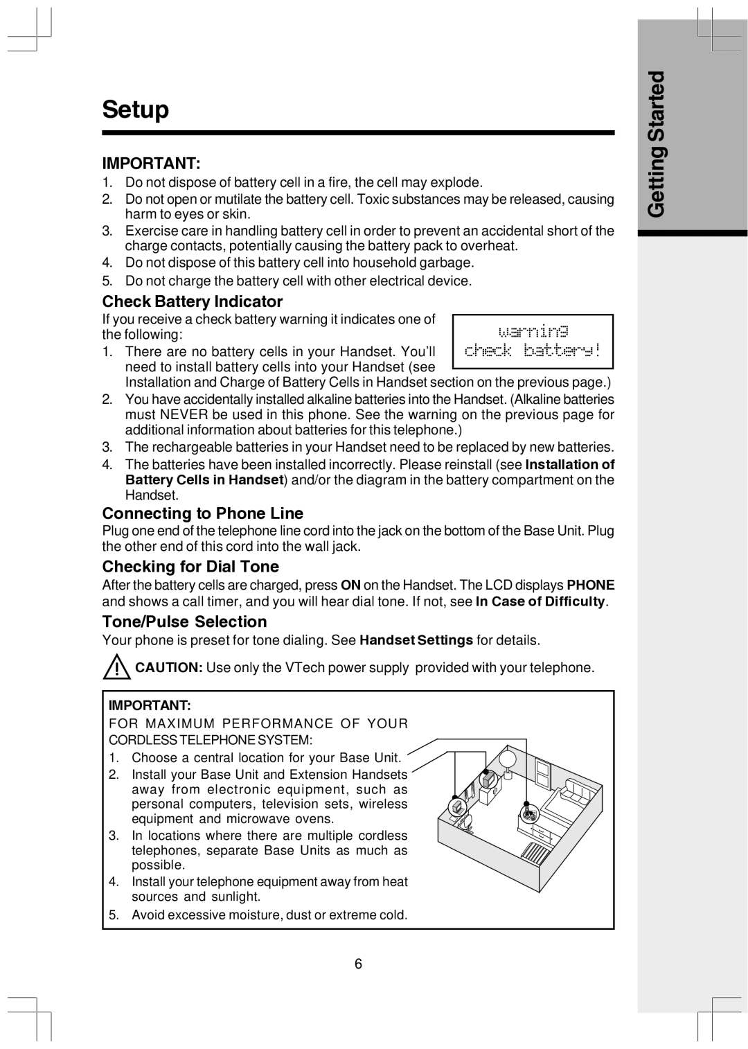 VTech VT2650 user manual Check Battery Indicator, Connecting to Phone Line, Checking for Dial Tone, Tone/Pulse Selection 