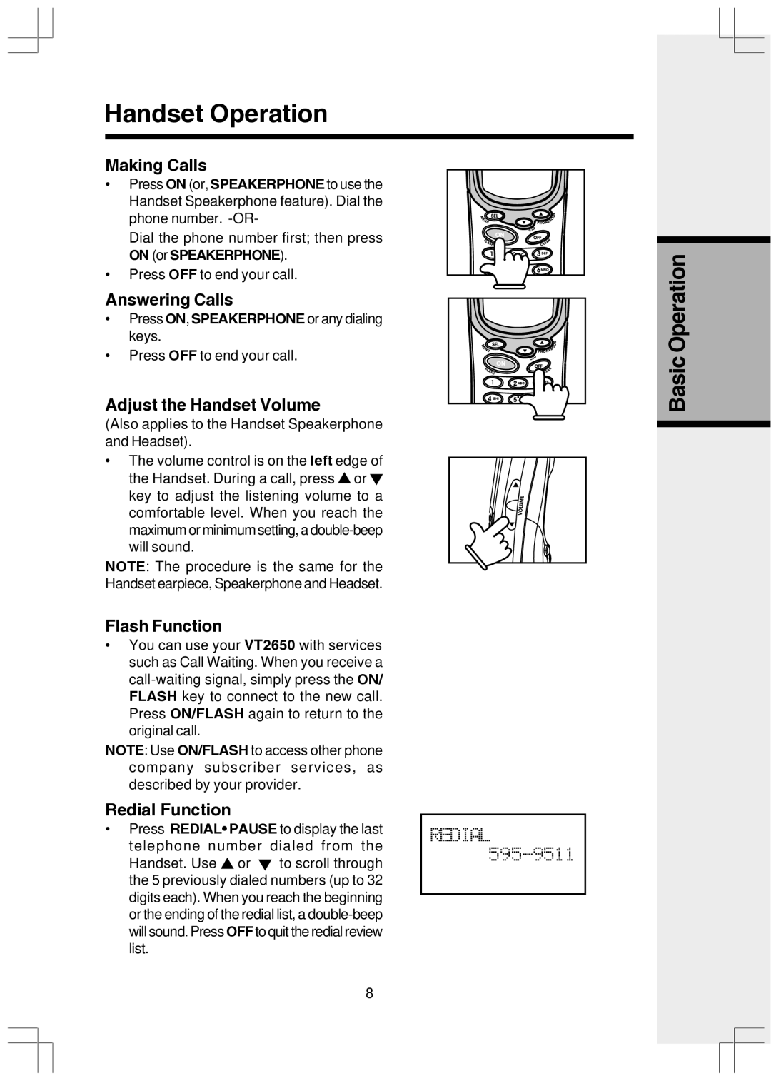 VTech VT2650 user manual Handset Operation 