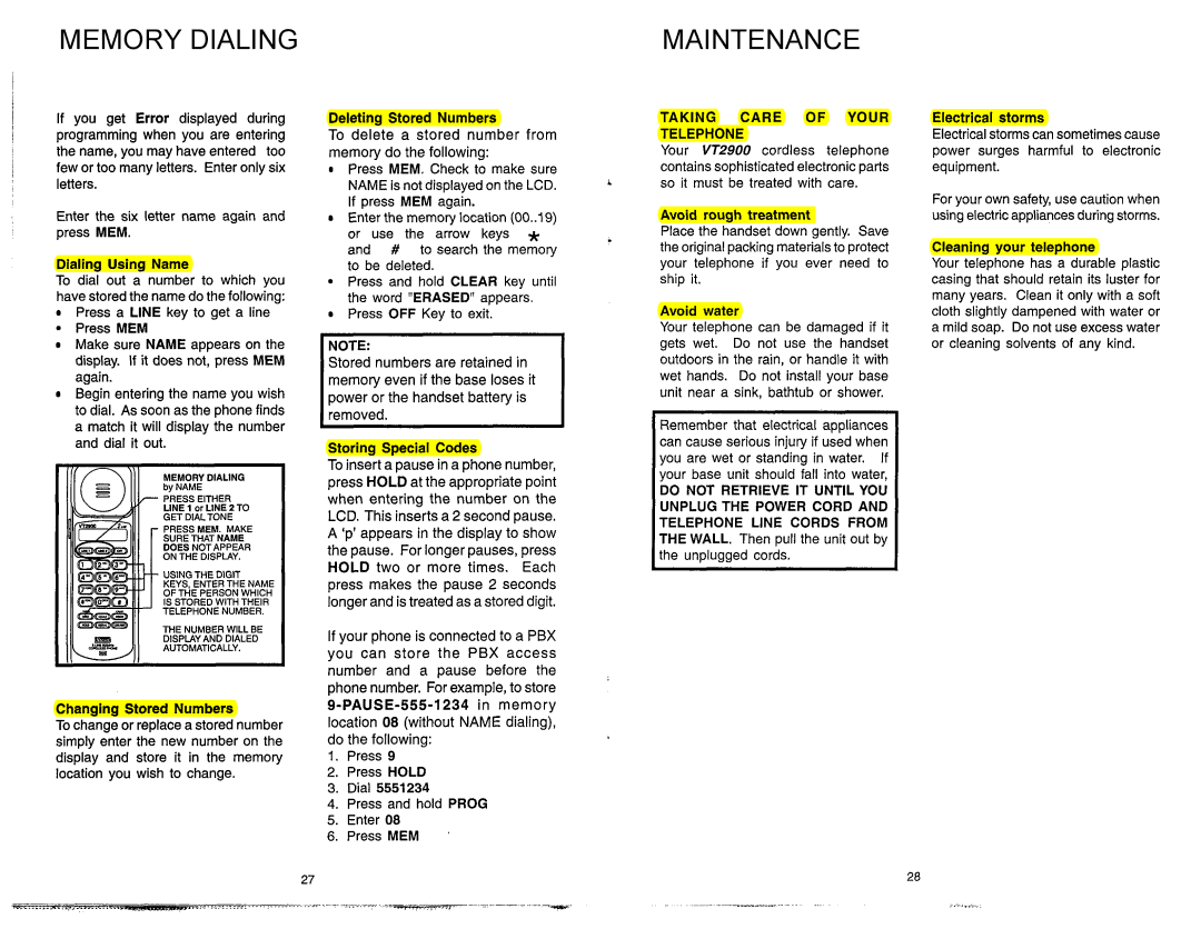 VTech VT2900 Memory Dialing Maintenance, If you get Error displayed during, Match it will dis~lavthe number Dial it out 