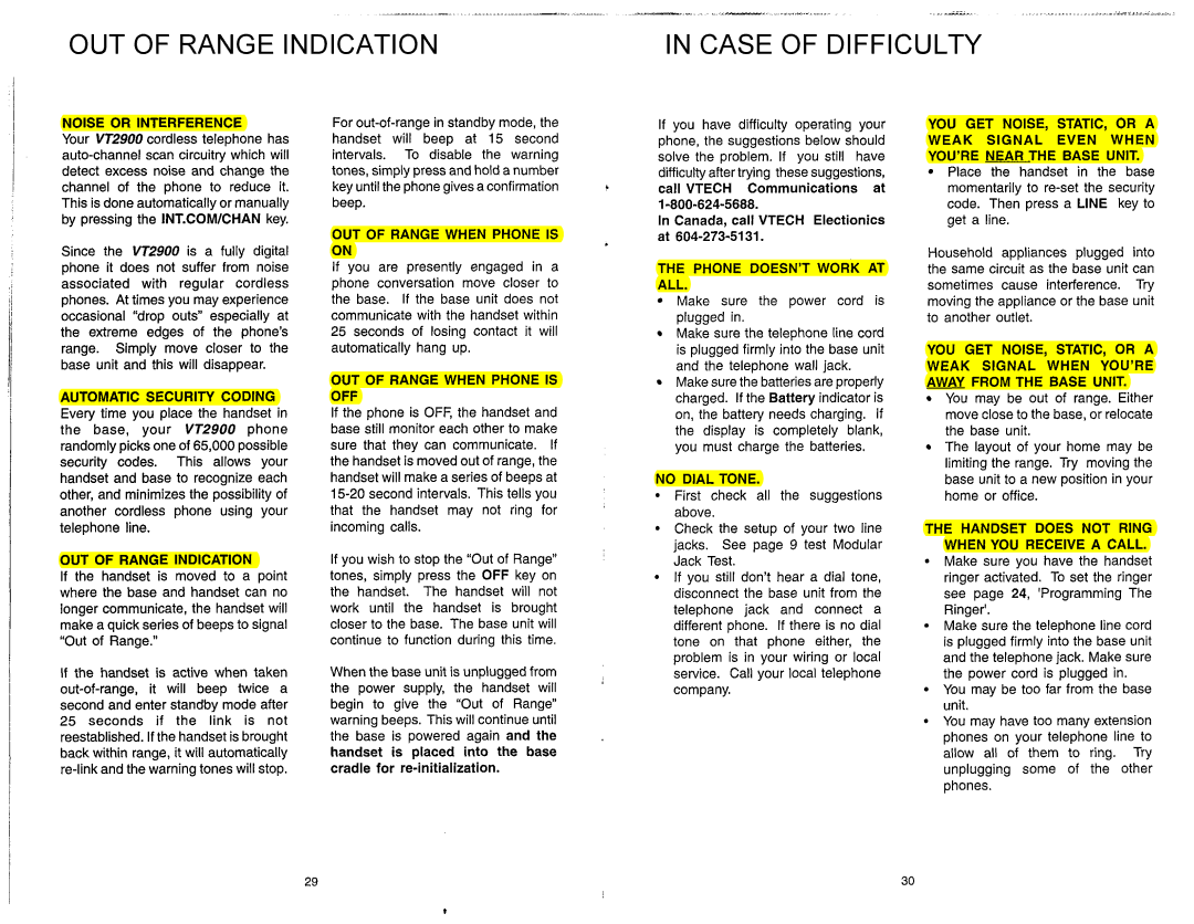 VTech VT2900 manual OUT of Range Indication Case of Difficulty 