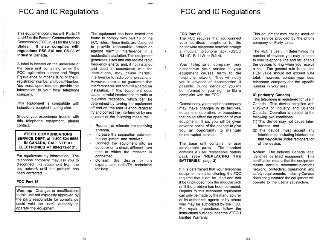 VTech VT2900 manual FCC and IC Regulations 