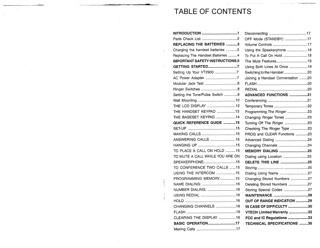 VTech VT2900 manual Table of Contents 