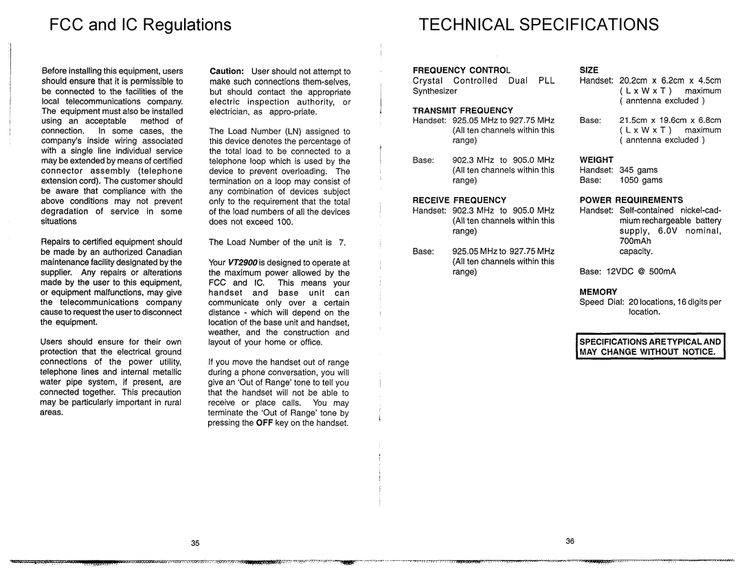 VTech VT2900 manual Technical Specifications, Transmit Frequency 