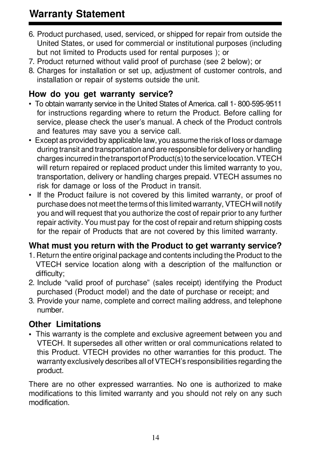 VTech VT5820 user manual How do you get warranty service?, Other Limitations 