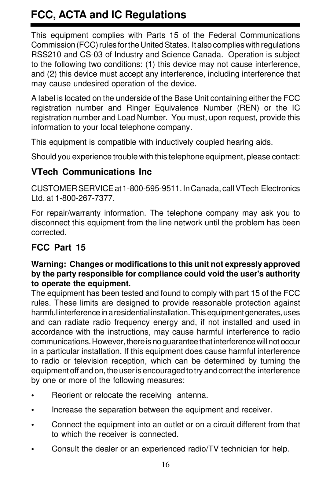 VTech VT5820 user manual FCC, Acta and IC Regulations, VTech Communications Inc, FCC Part 