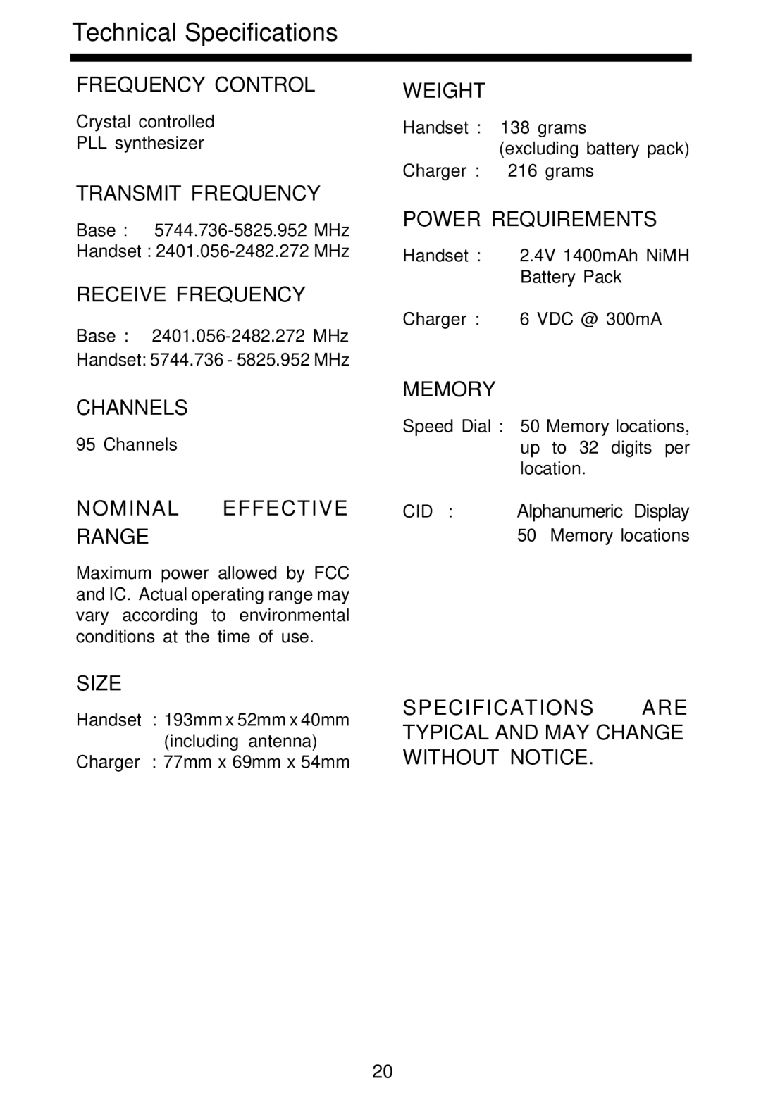 VTech VT5820 user manual Technical Specifications, Nominal Effective Range 