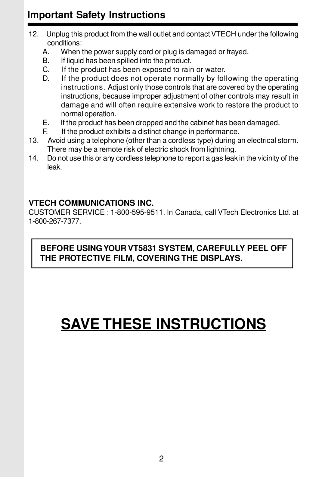 VTech VT5831 important safety instructions Important Safety Instructions 