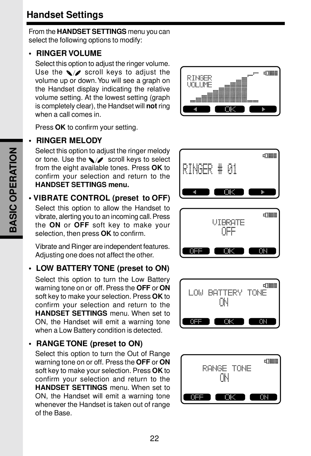 VTech VT5831 Handset Settings, Vibrate Control preset to OFF, LOW Battery Tone preset to on, Range Tone preset to on 