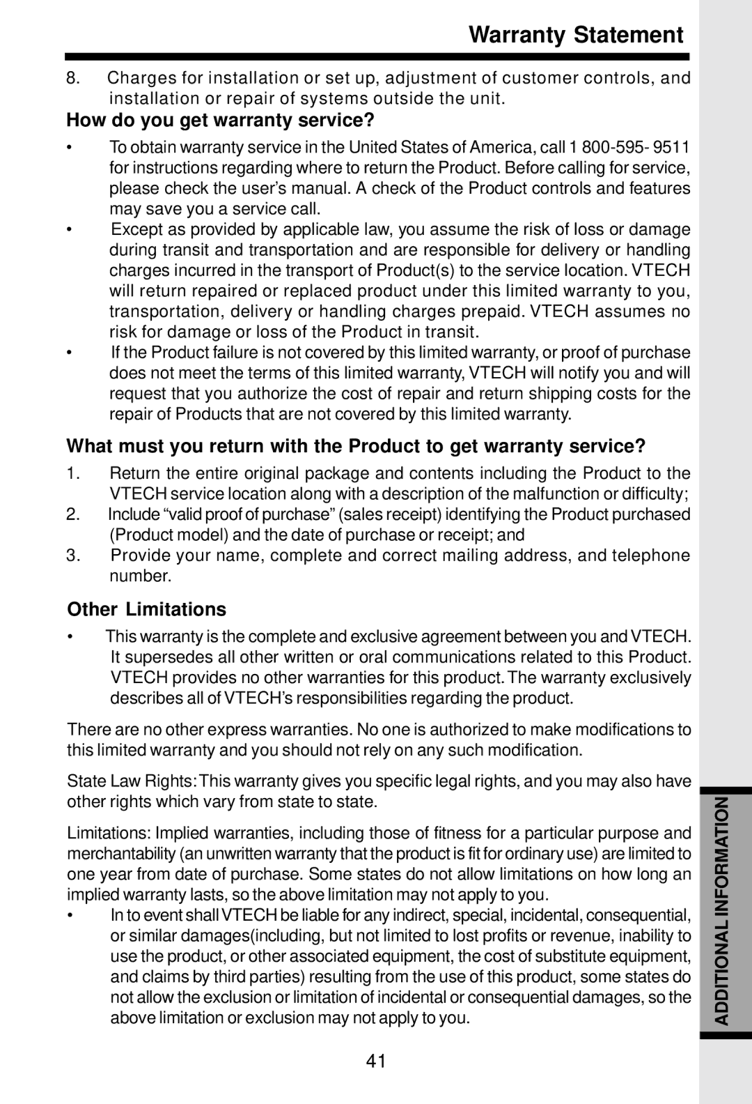 VTech VT5831 important safety instructions How do you get warranty service?, Other Limitations 