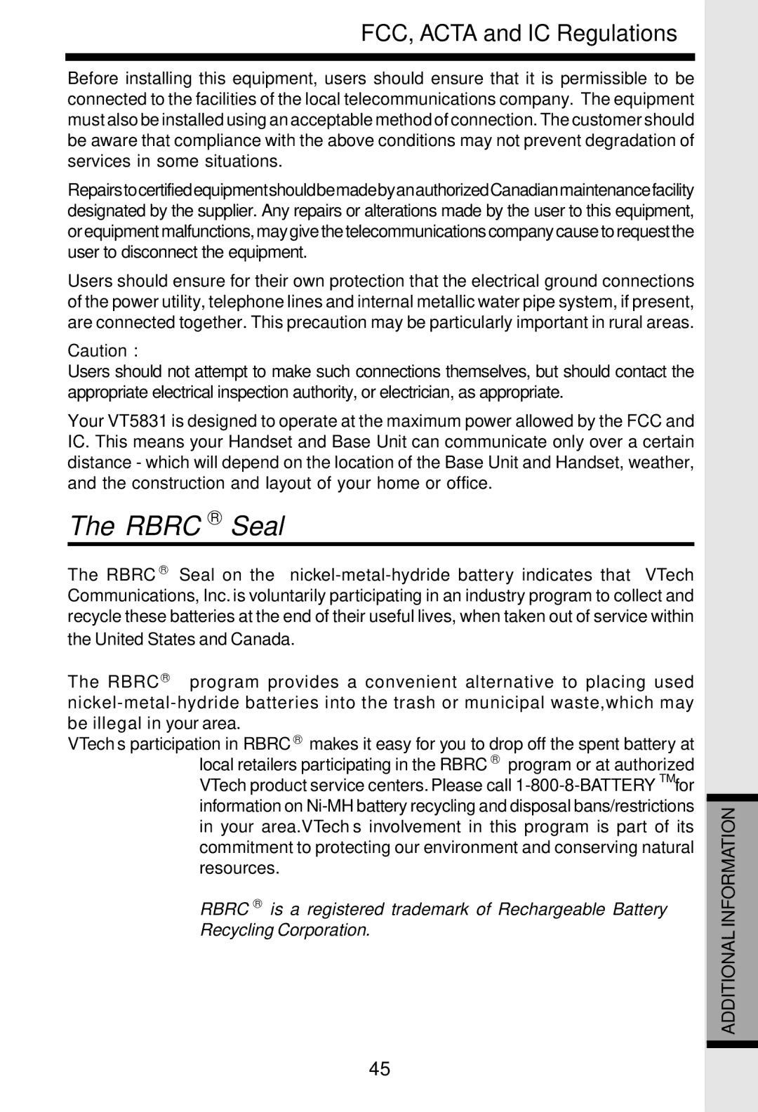 VTech VT5831 important safety instructions Rbrc R Seal 