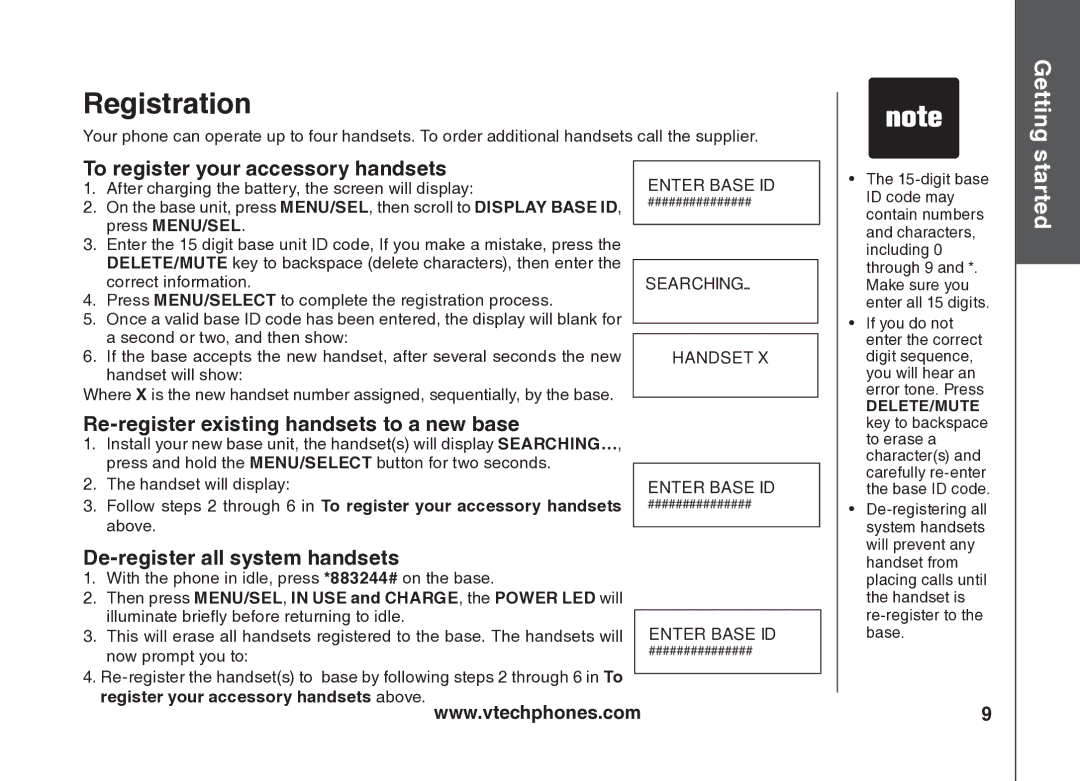 VTech VT5875 user manual Registration, To register your accessory handsets, Re-register existing handsets to a new base 