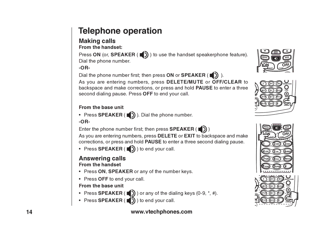 VTech VT5875 user manual Telephone operation, Making calls, Answering calls 