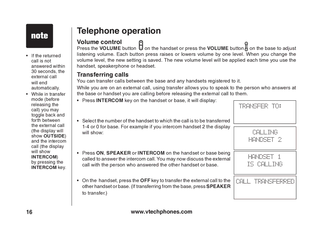 VTech VT5875 user manual Volume control, Transferring calls 