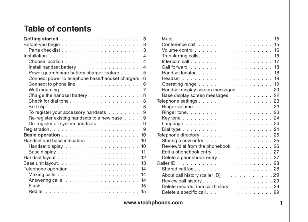 VTech VT5875 user manual Table of contents 