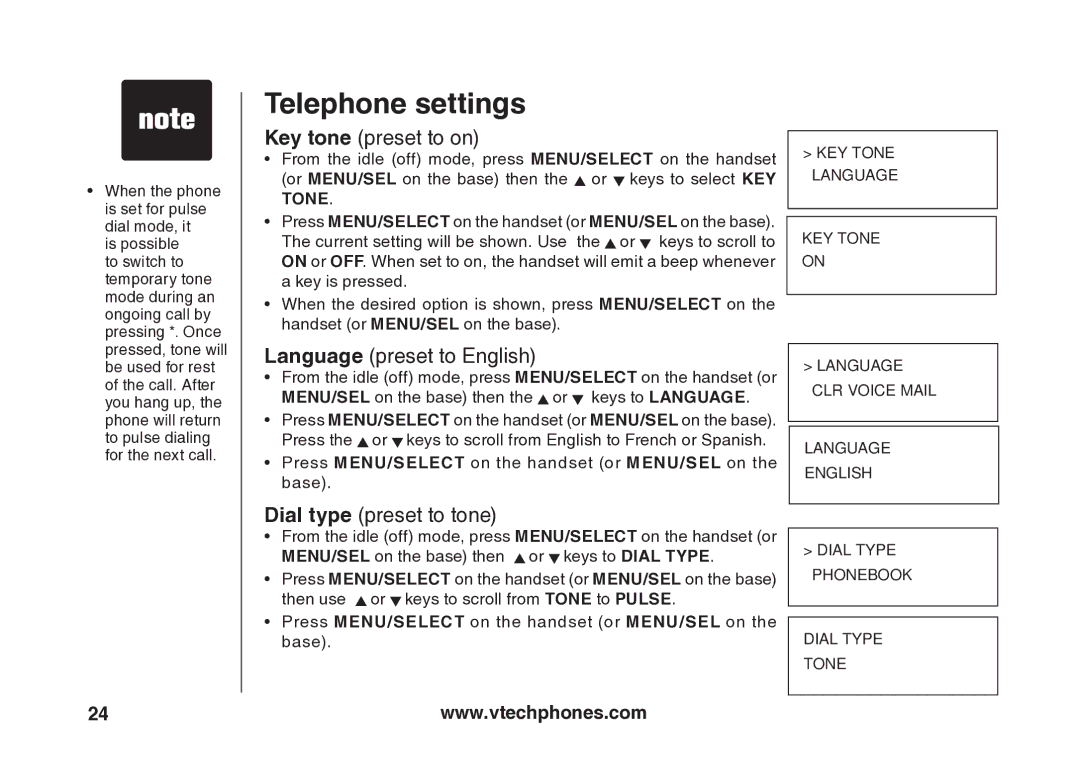 VTech VT5875 user manual Key tone preset to on 