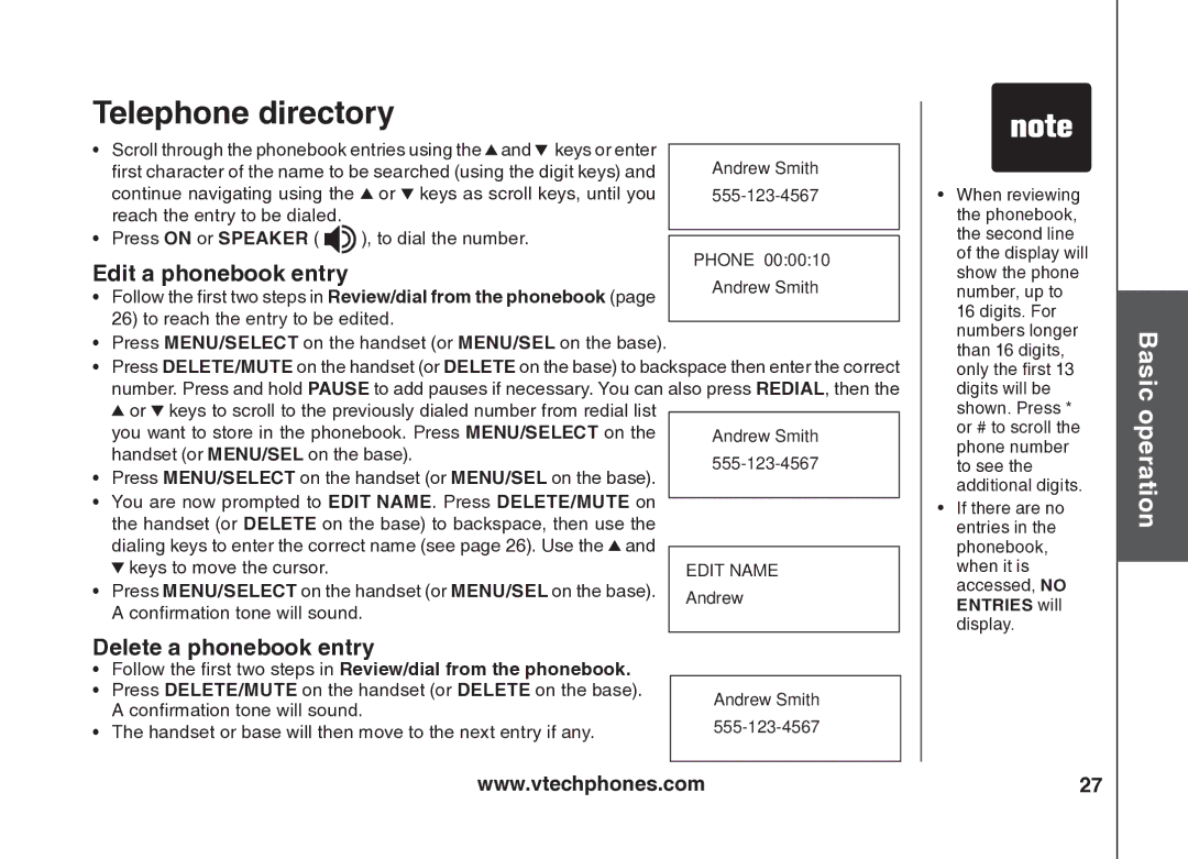 VTech VT5875 user manual Edit a phonebook entry, Delete a phonebook entry 