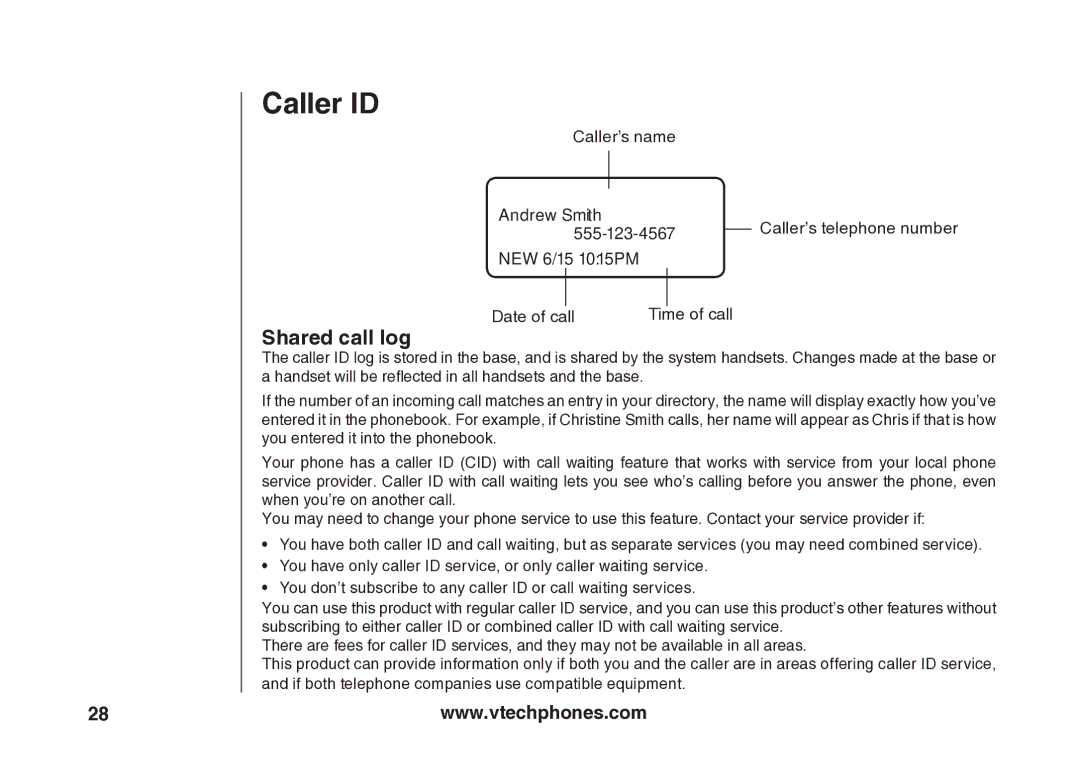 VTech VT5875 user manual Caller ID, Shared call log 