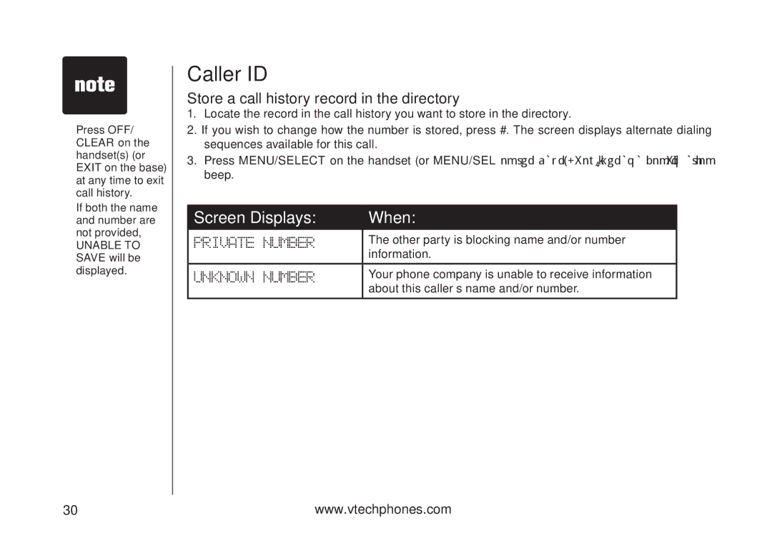 VTech VT5875 user manual Screen Displays When, Store a call history record in the directory 