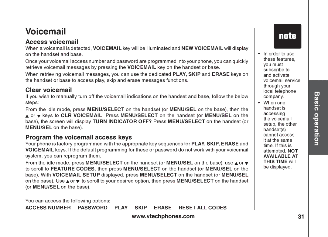 VTech VT5875 user manual Voicemail, Access voicemail, Clear voicemail, Program the voicemail access keys 