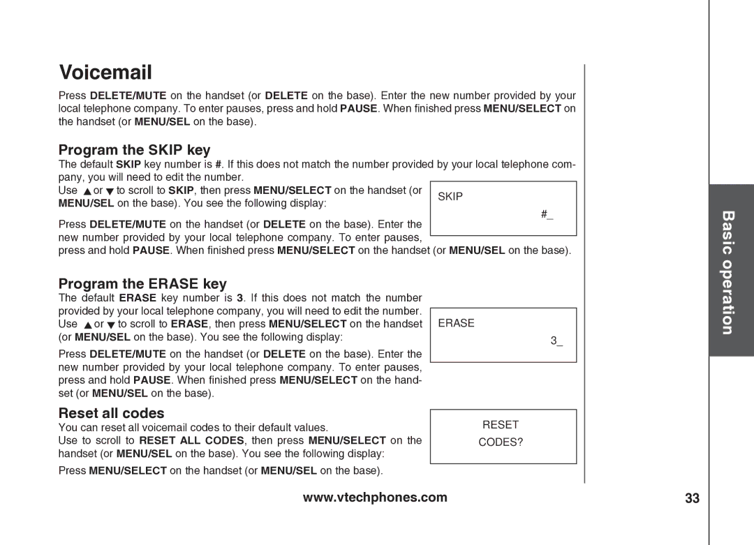 VTech VT5875 user manual Program the Skip key, Program the Erase key, Reset all codes 