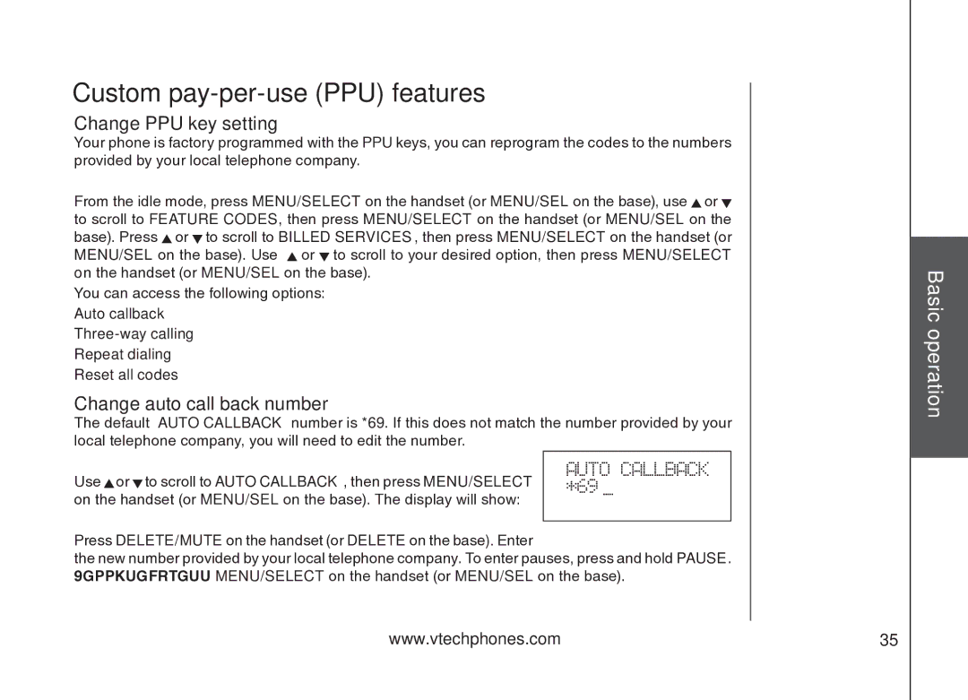 VTech VT5875 user manual Change PPU key setting, Change auto call back number 