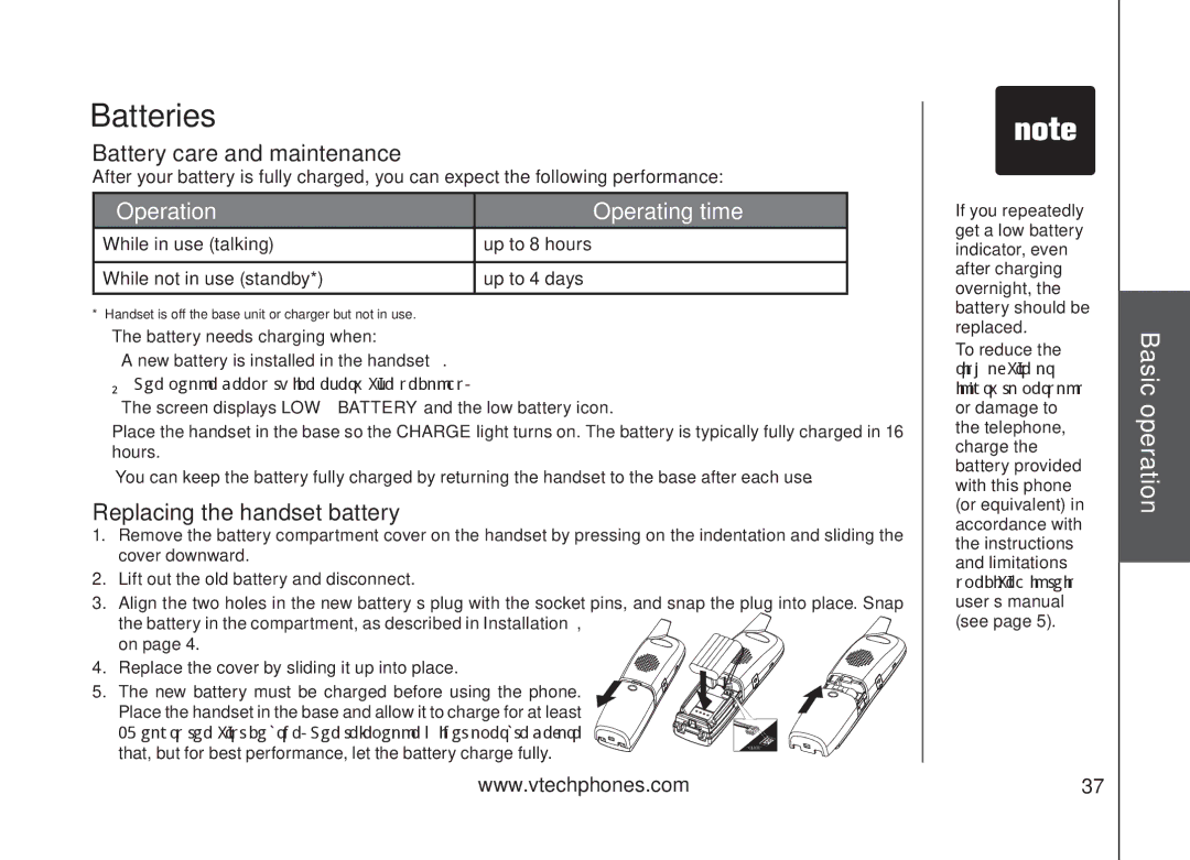 VTech VT5875 user manual Batteries, Battery care and maintenance, Replacing the handset battery 