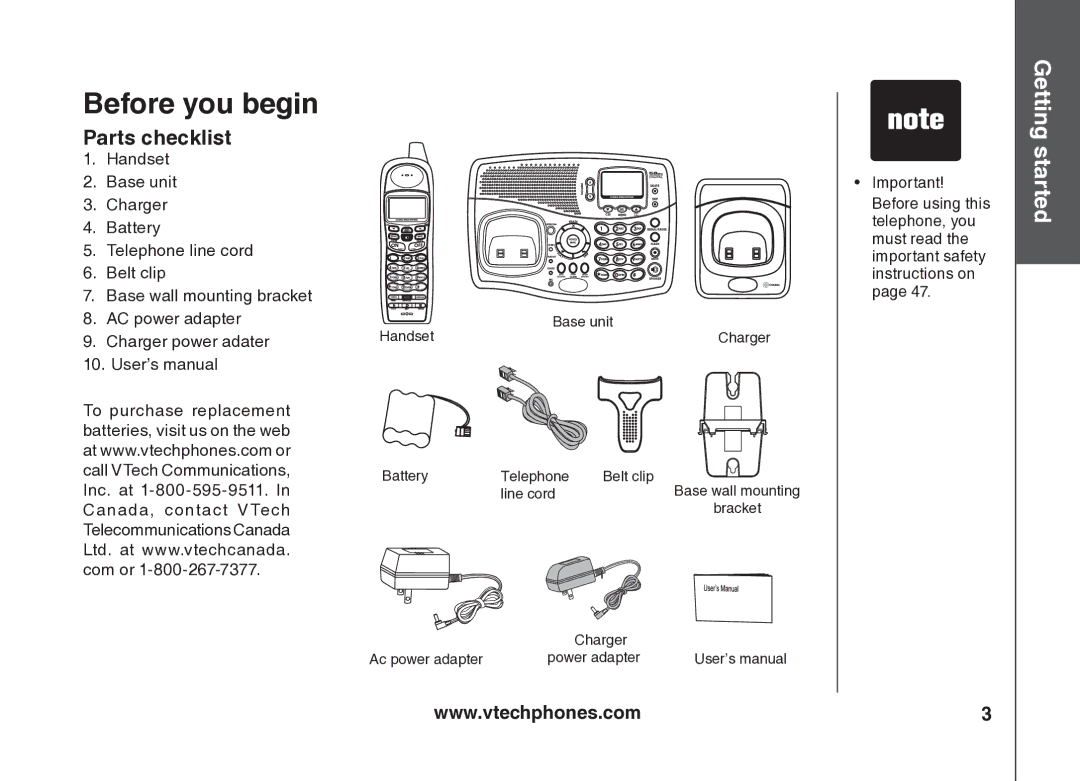 VTech VT5875 user manual Before you begin, Parts checklist 