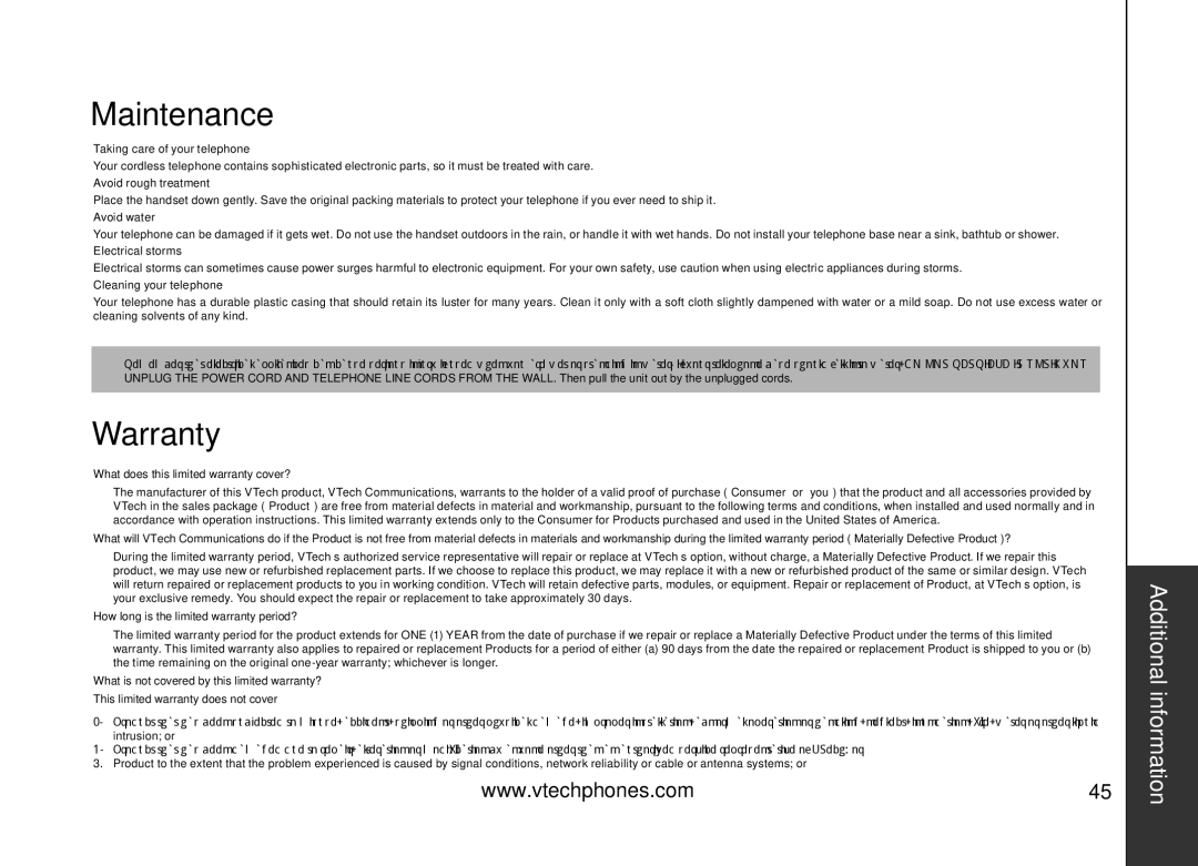 VTech VT5875 user manual Maintenance, Warranty 