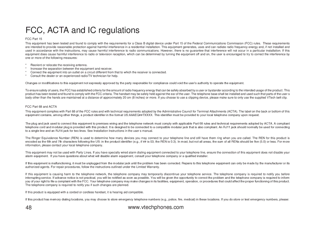 VTech VT5875 user manual FCC, Acta and IC regulations, FCC Part 