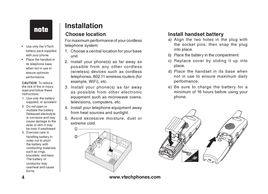 VTech VT5875 user manual Installation, Choose location, Install handset battery 