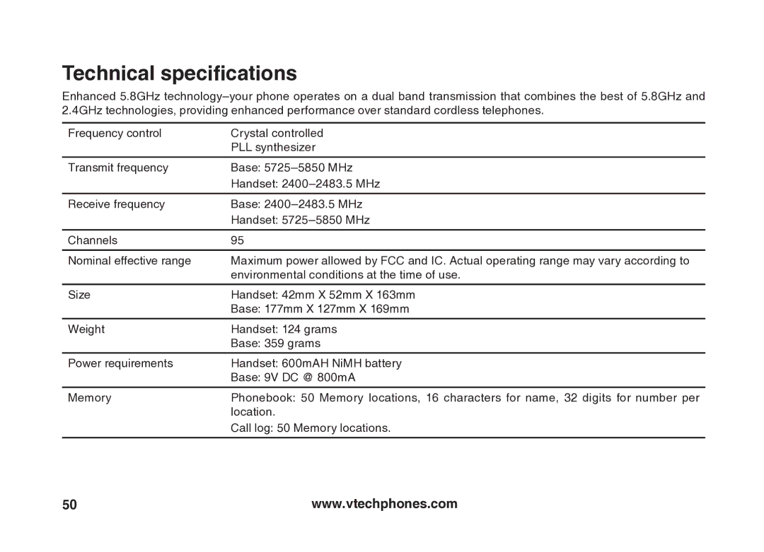 VTech VT5875 user manual Technical specifications 