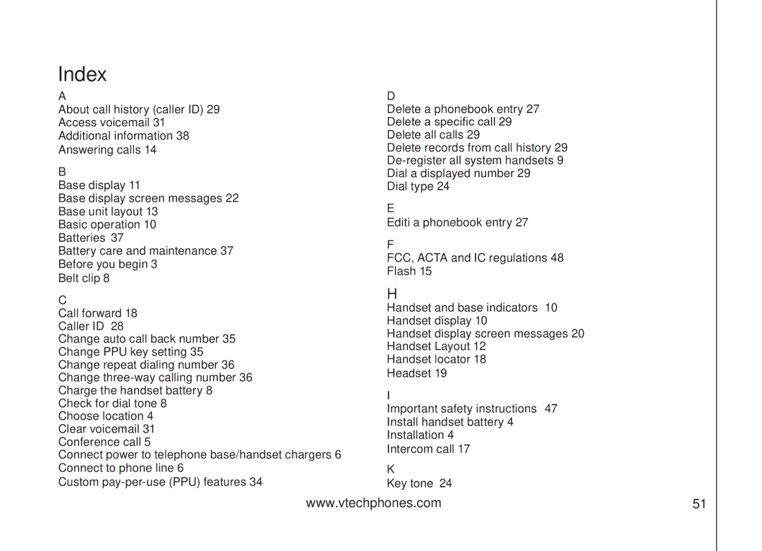 VTech VT5875 user manual Index 