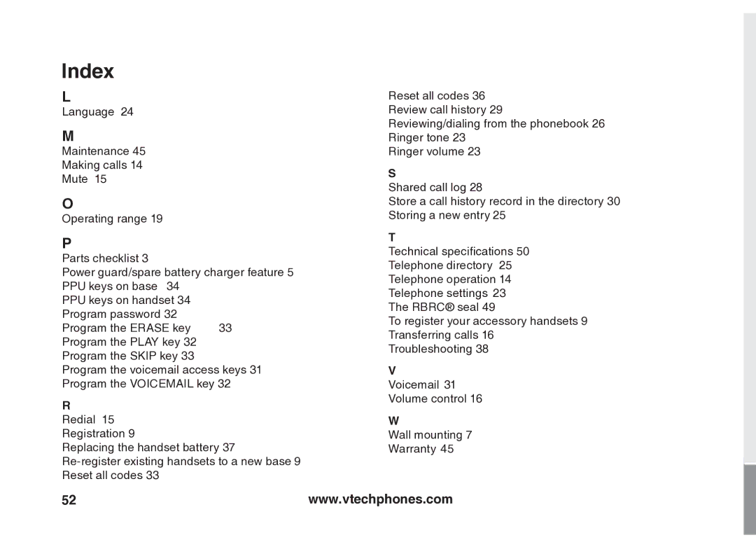 VTech VT5875 user manual Index 