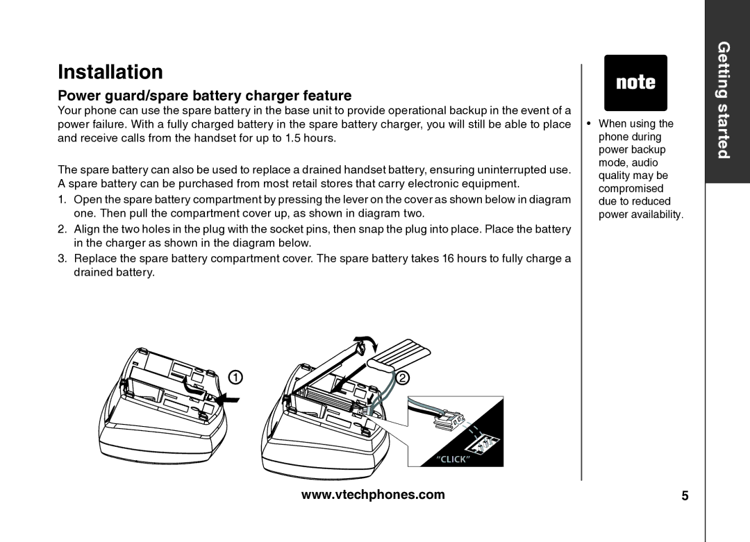 VTech VT5875 user manual Power guard/spare battery charger feature 