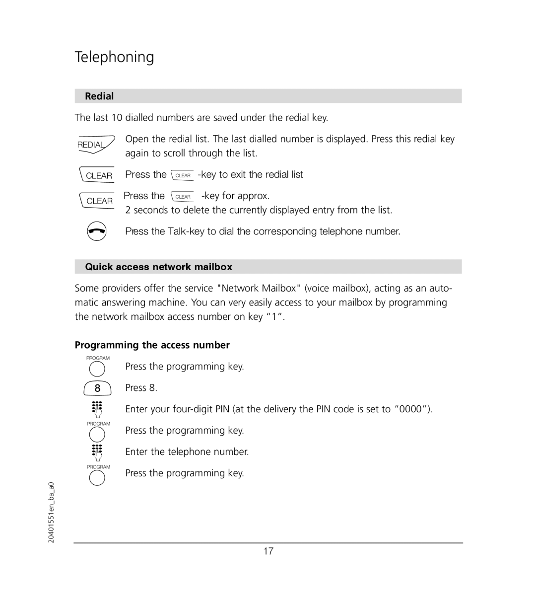 VTech VT6221 user manual Redial, Programming the access number 