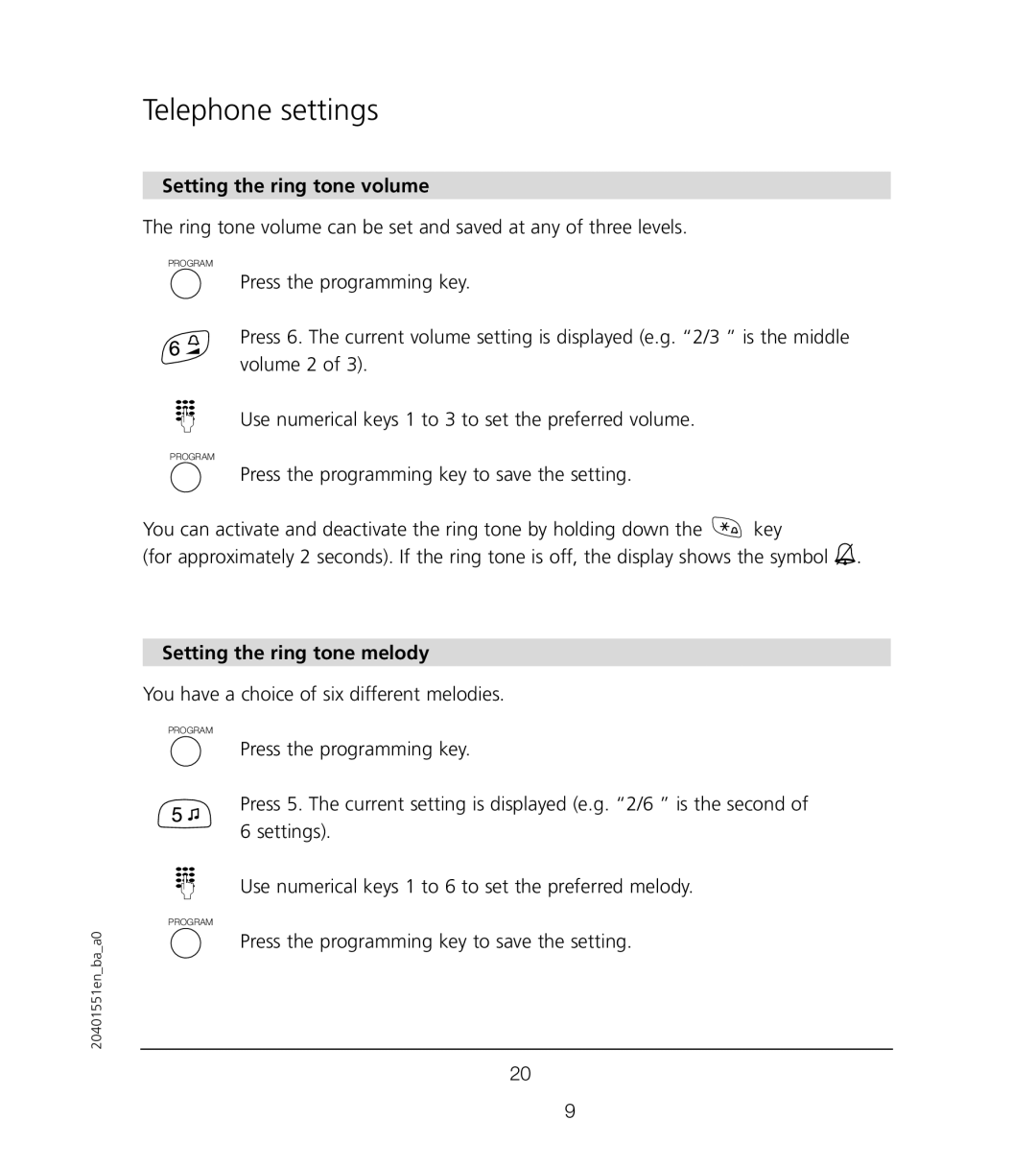 VTech VT6221 user manual Telephone settings, Setting the ring tone volume, Setting the ring tone melody 