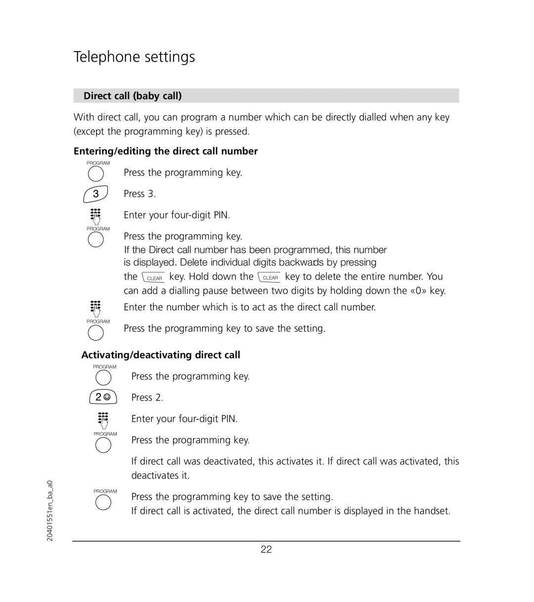 VTech VT6221 Direct call baby call, Entering/editing the direct call number, Activating/deactivating direct call 