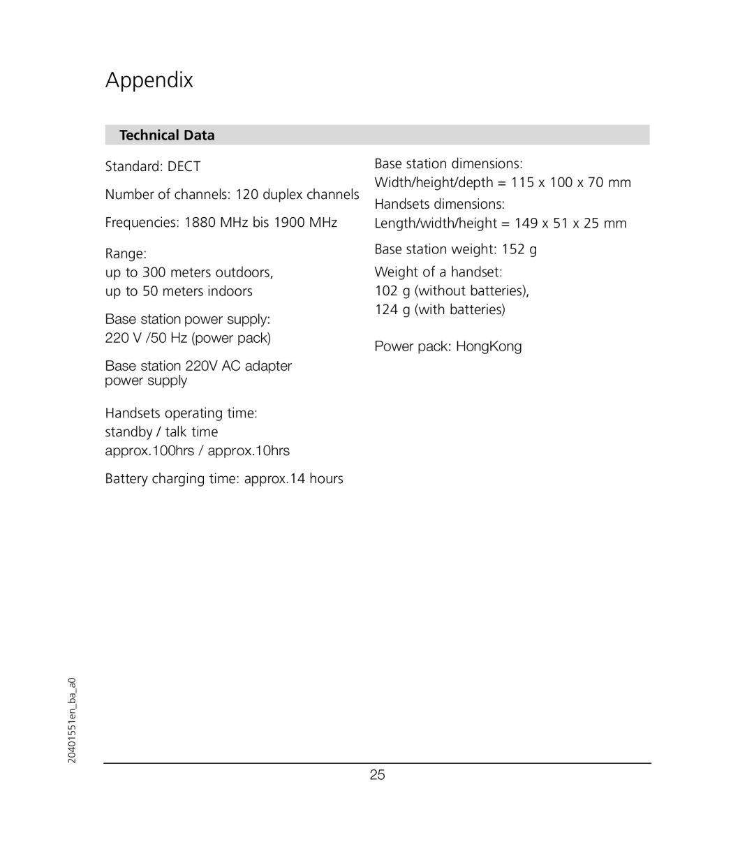 VTech VT6221 user manual Appendix, Technical Data 