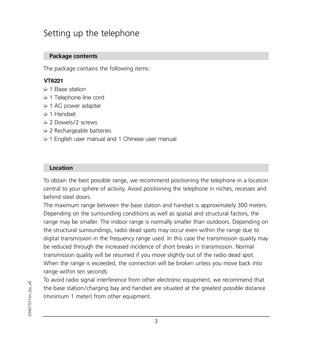 VTech VT6221 user manual Setting up the telephone, Package contents, Location 