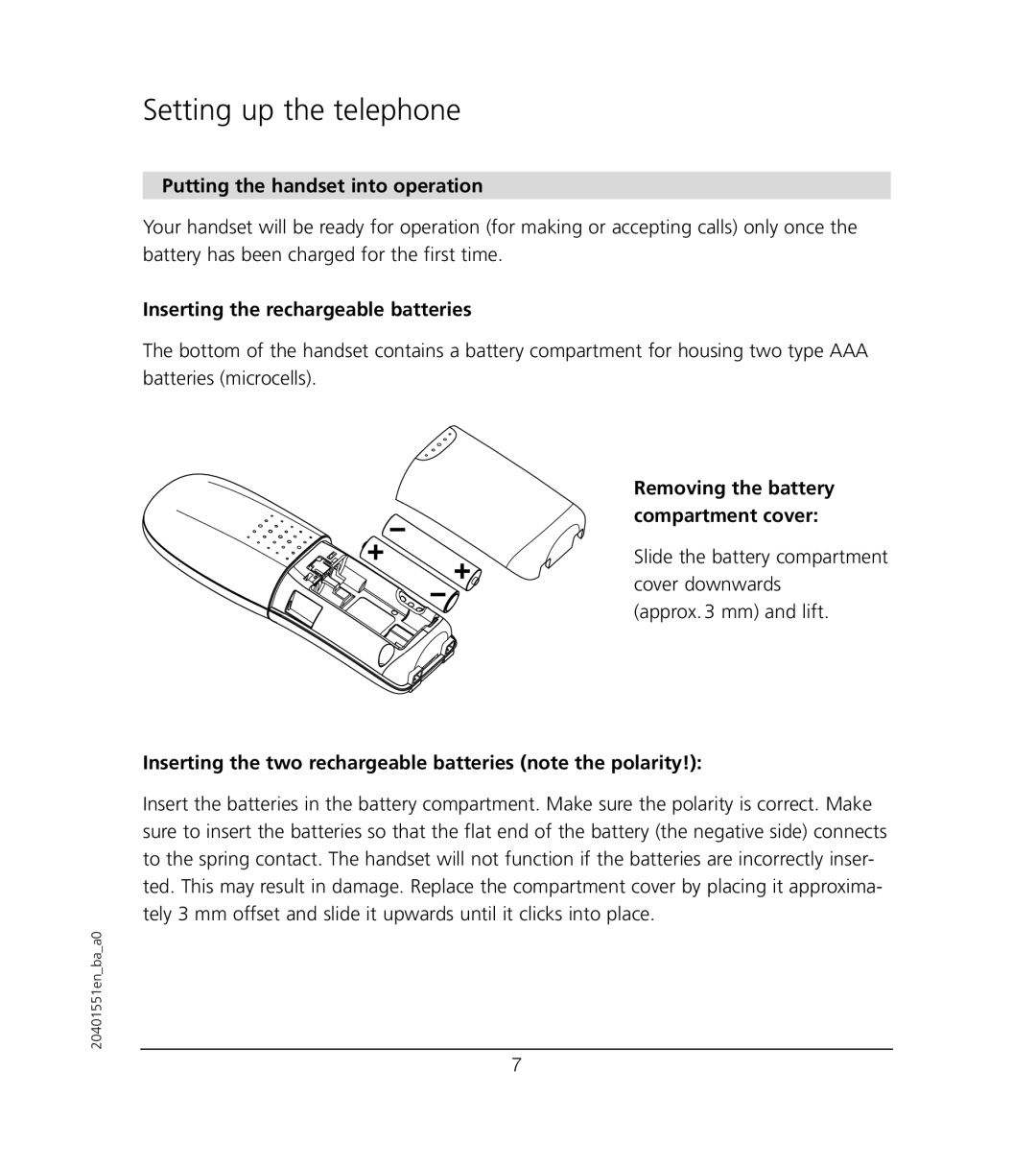 VTech VT6221 user manual Putting the handset into operation, Inserting the rechargeable batteries 