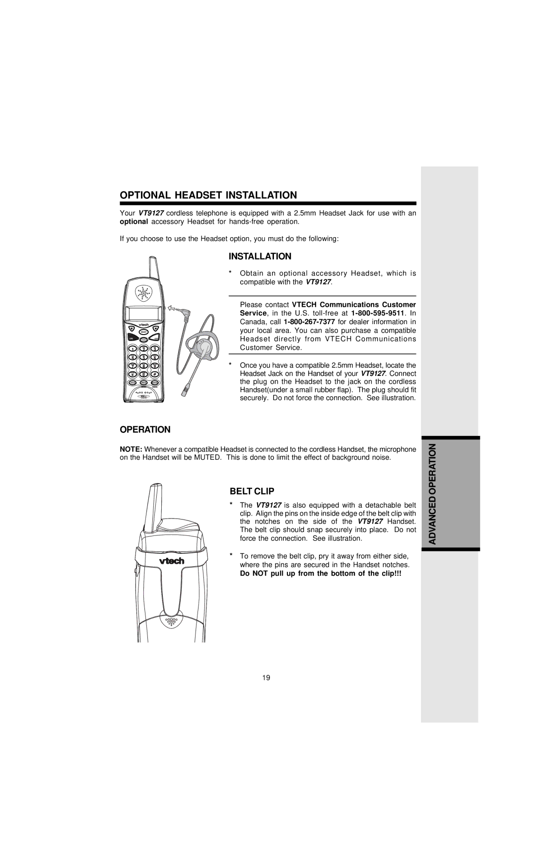 VTech VT9127 important safety instructions Installation, Operation Belt Clip, Do not pull up from the bottom of the clip 