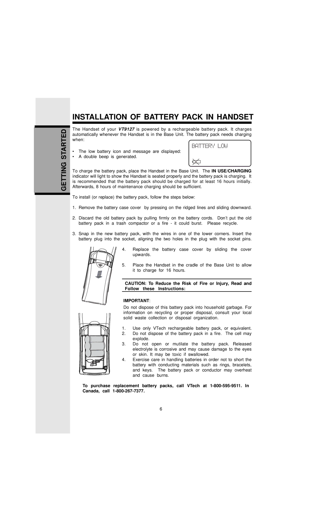 VTech VT9127 important safety instructions Installation of Battery Pack in Handset, Follow these Instructions 