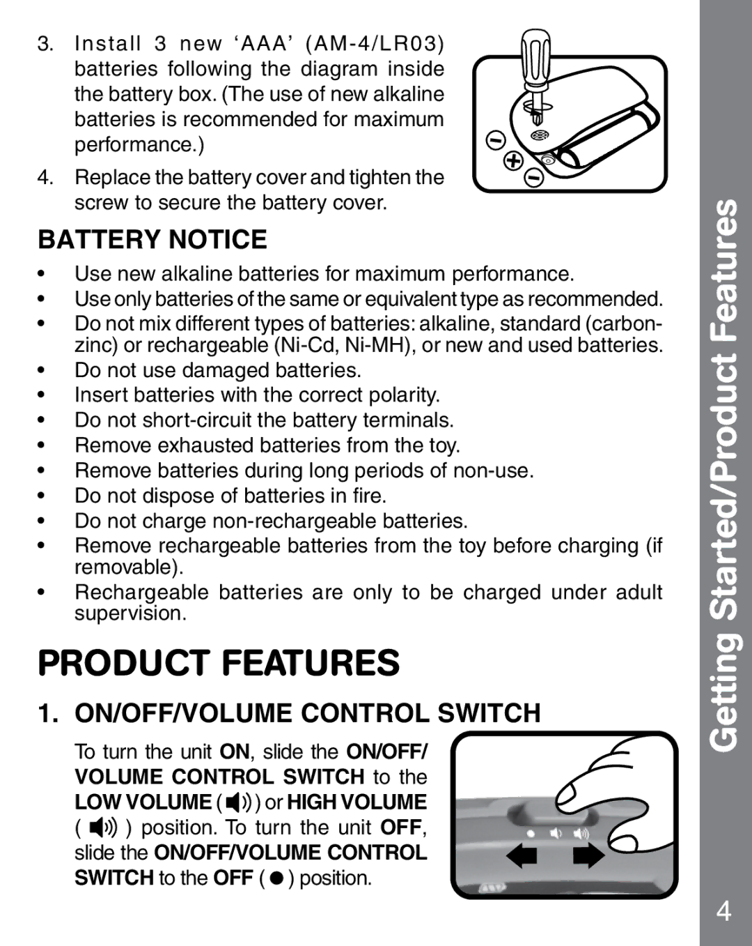 VTech vtech light-up baby touch tablet Getting Started/Product Features, Battery Notice, ON/OFF/VOLUME Control Switch 