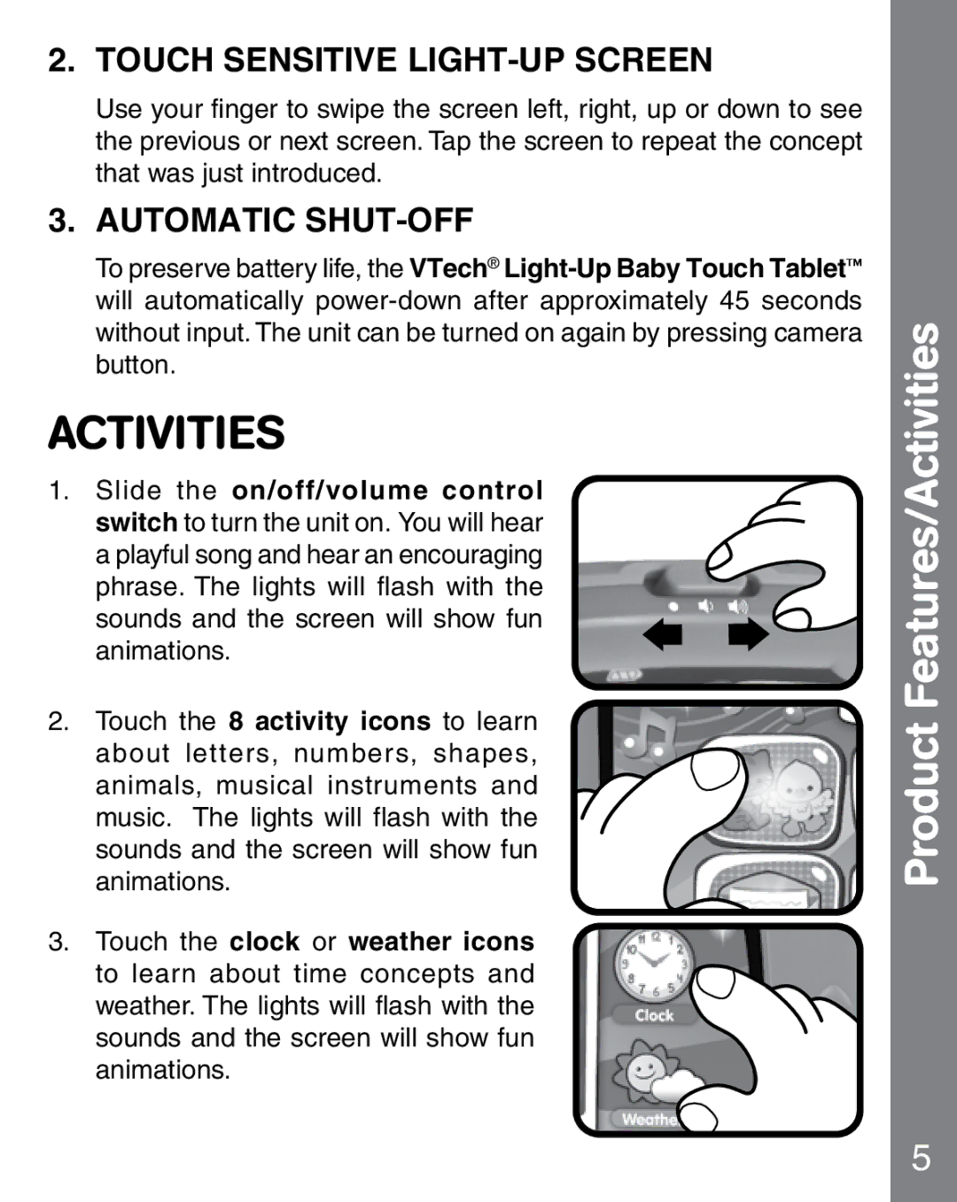VTech vtech light-up baby touch tablet user manual Product Features/Activities, Touch Sensitive LIGHT-UP Screen 